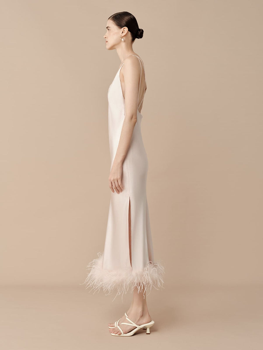 SILKINC Long Silk Slip Dress with Feather Trim