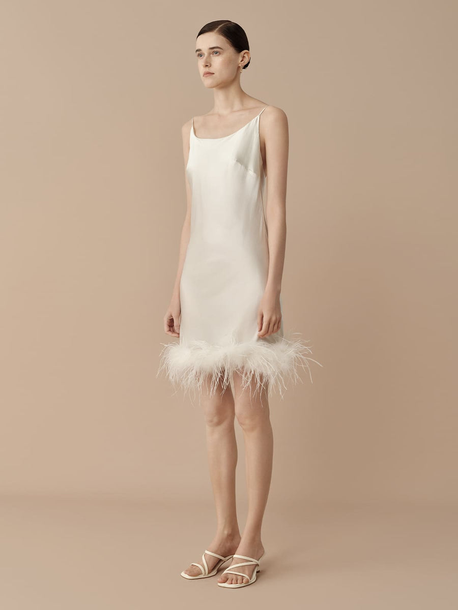 SILKINC Feather Trim Silk Slip Mini Dress