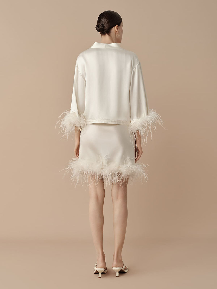 SILKINC Cropped Silk Jacket with Feather Trim