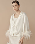 SILKINC Cropped Silk Jacket with Feather Trim