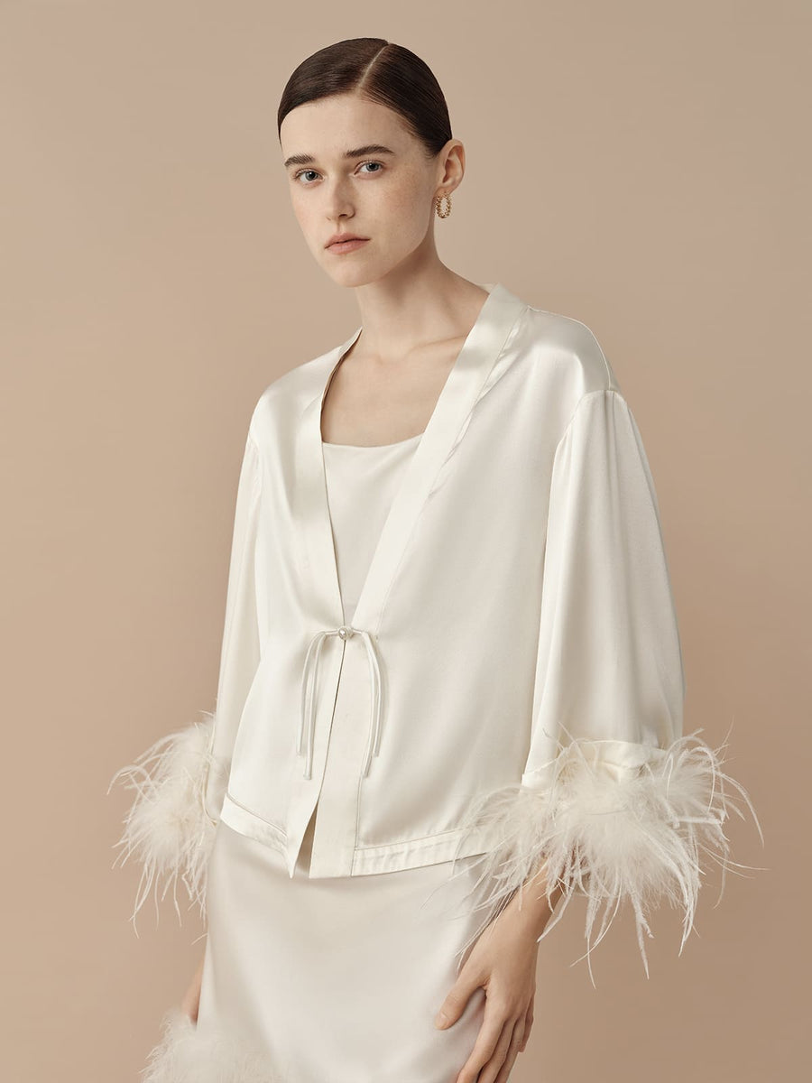 SILKINC Cropped Silk Jacket with Feather Trim