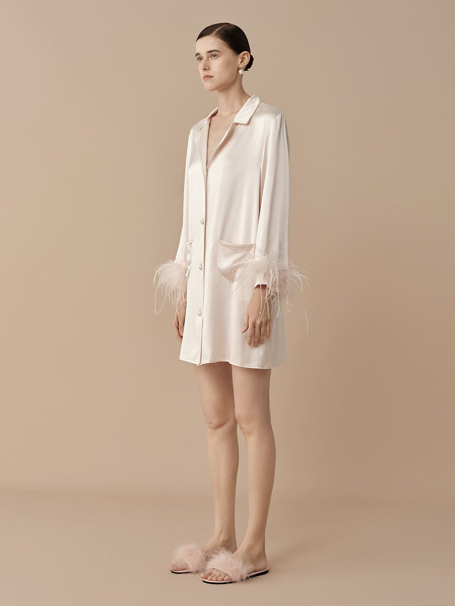 SILKINC Collared Silk Shirt Dress with Feather Trim